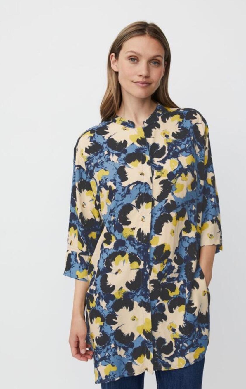 Masai Copenhagen Black Blue Yellow Floral Satin Long Line Tunic Blouse